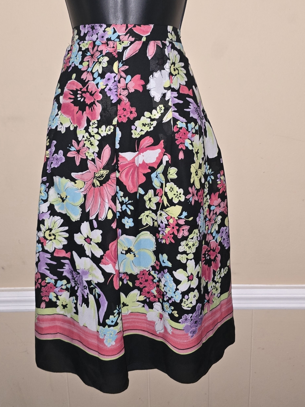 Sag Harbor Black Floral A-Line Midi Skirt with Pink Accents